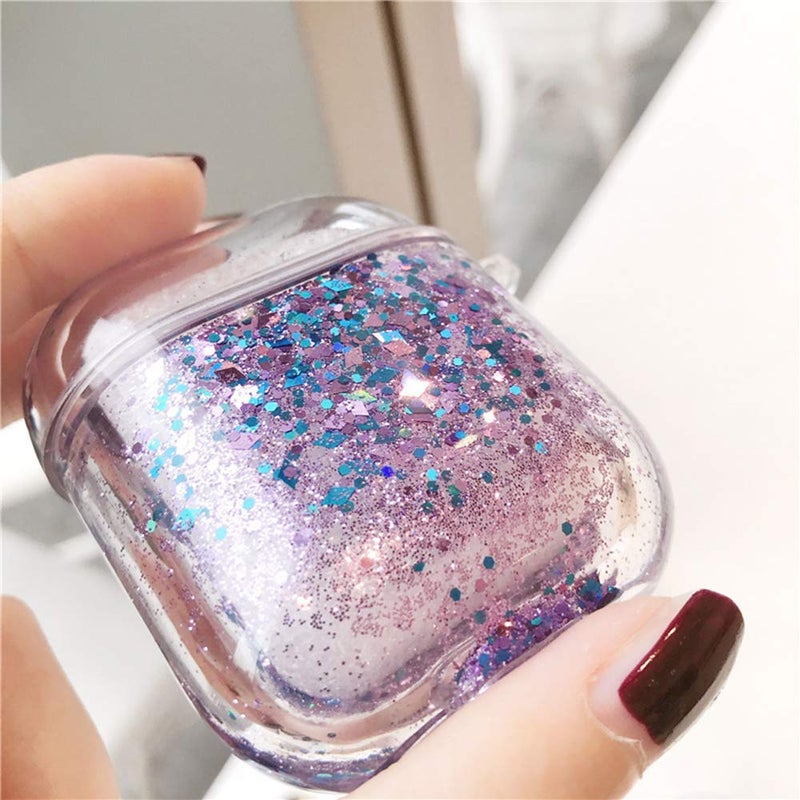 UnnFiko Bling Quicksand Case Compatible with AirPods 1/2, Cute Sparkle Liquid Protective Case, Funny Creative Hard Clear Airpods 1 & 2 Cover with Keychain (Purple Glitter) - Image 5
